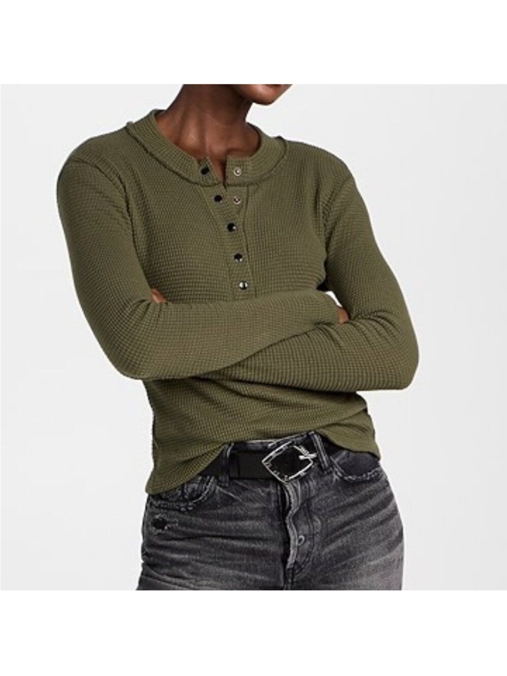 ASKKNY Waffle Knit Henley Top Womens 2 Olive Green Long Sleeve Cotton Thermal